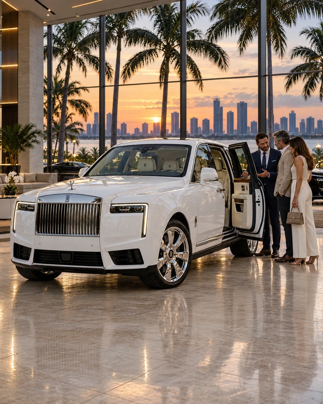 A couple viewing a white Rolls-Royce Cullinan with an ONYX specialist