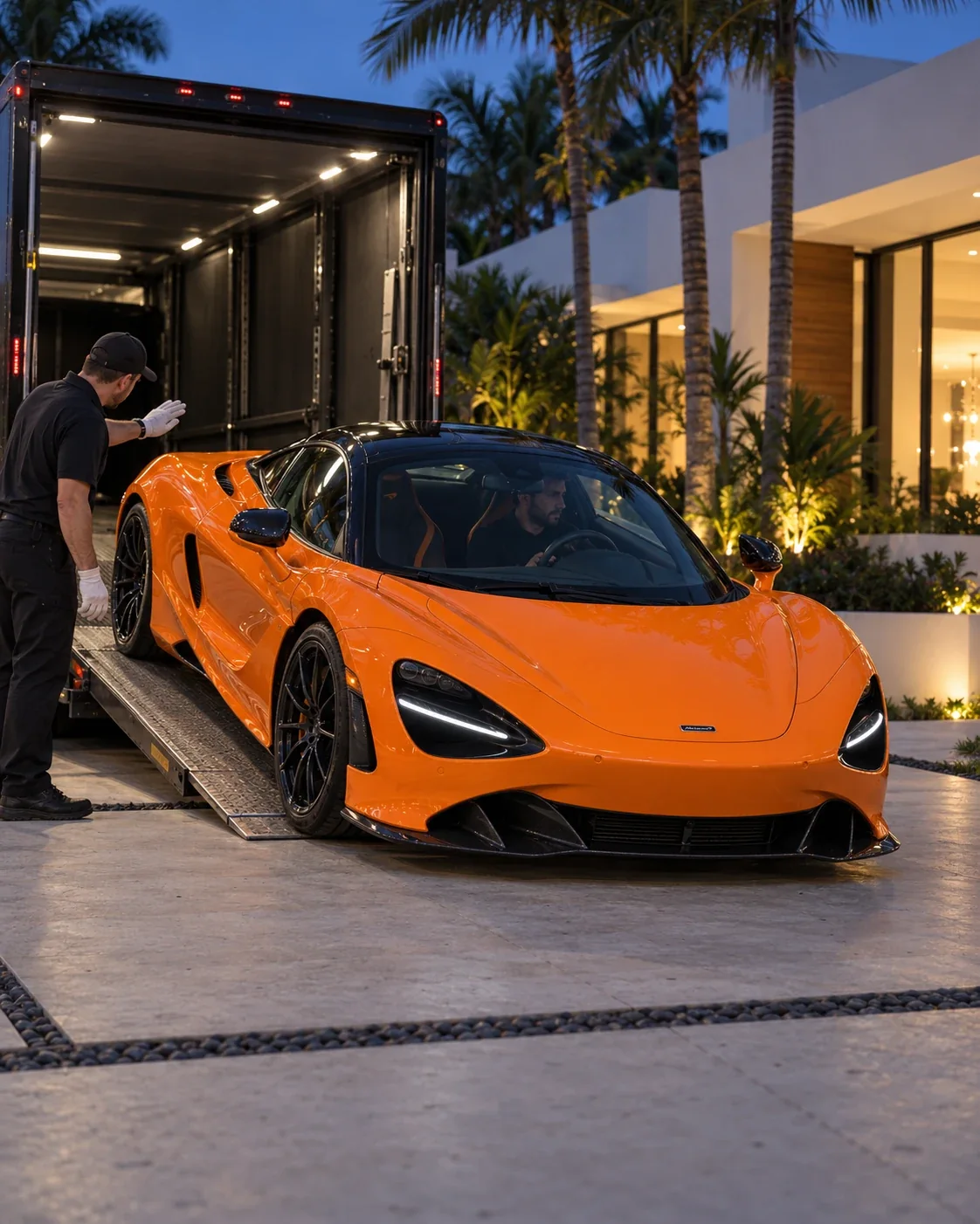 An orange McLaren rolling out of a closed transporter at a Miami villa