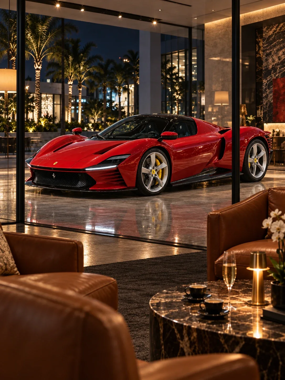 A private lounge with espresso and champagne, a red Ferrari behind the glass