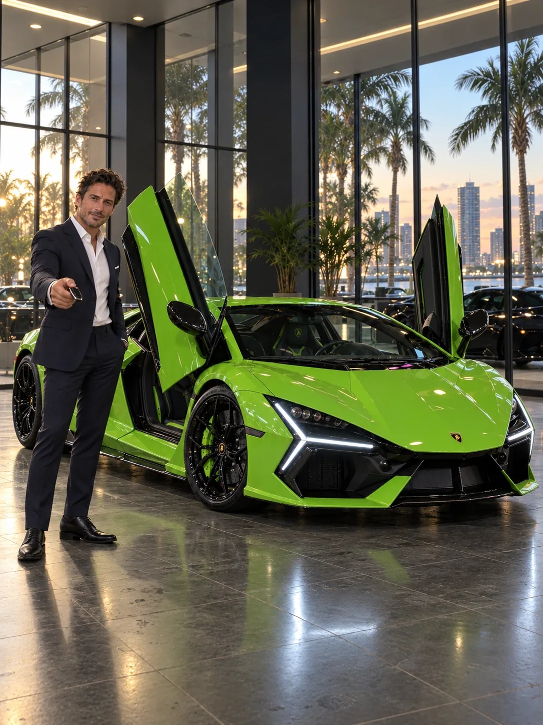 An ONYX specialist holding out a key beside a green Lamborghini